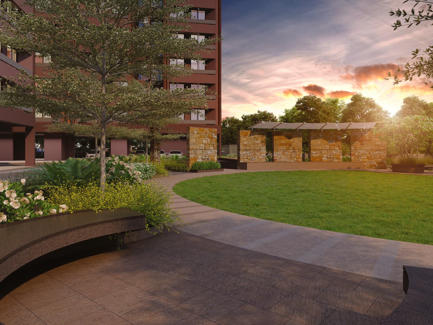 Garden path curving through the landscaped court at golden hour