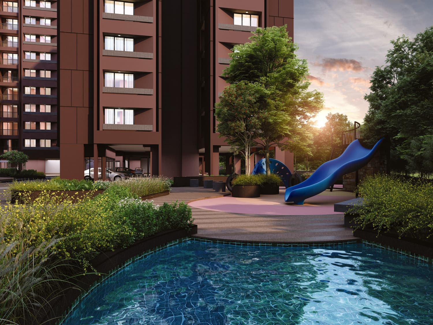 Swimming pool with the children's play area alongside