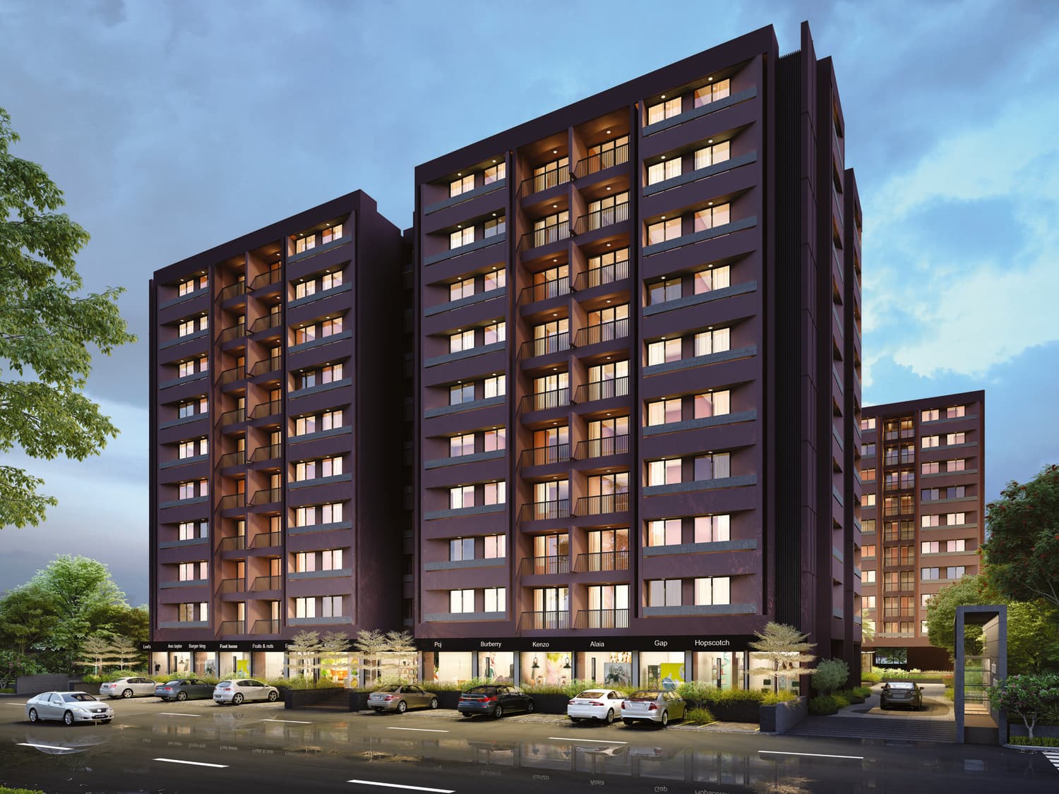 Pancham Pentagon lit at dusk, seen from the street corner