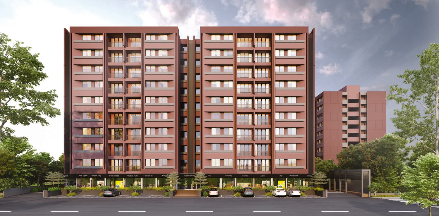 Frontal elevation of Pancham Pentagon under a bright sky