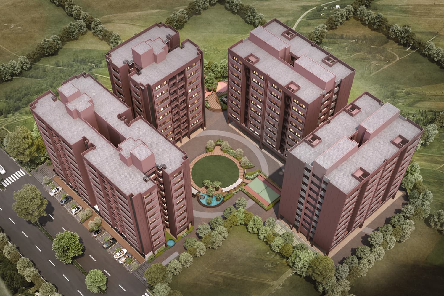Aerial view showing the blocks arranged around the central court
