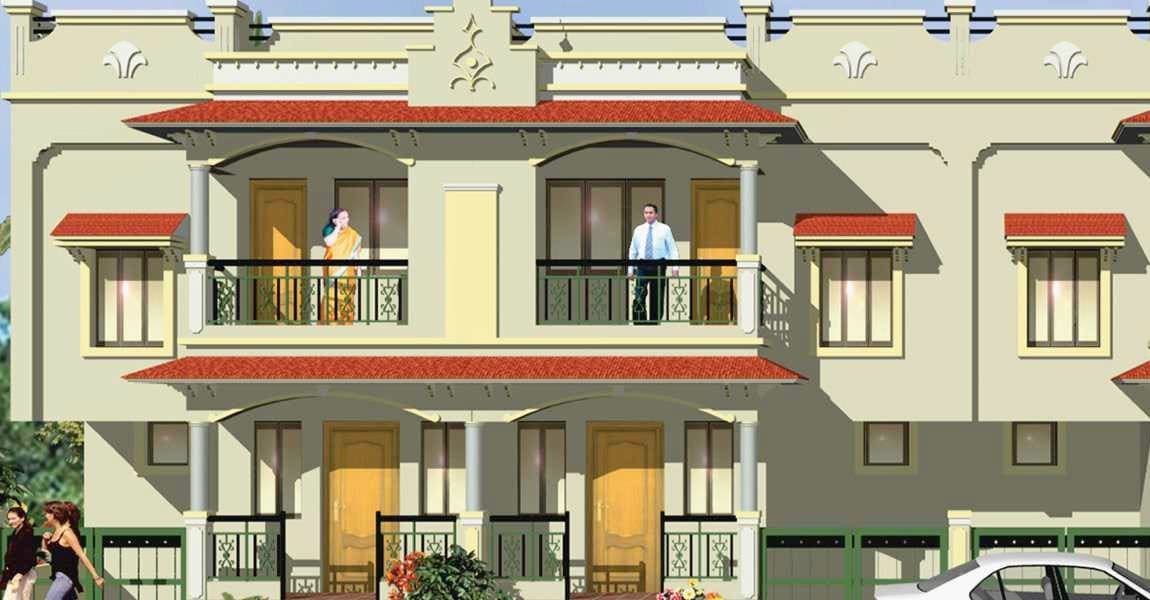 Parmeshwar 1, twin-storey row houses with red tiled roof bands and balconies