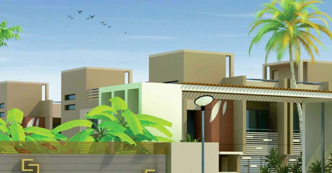 Parmeshwar 2, contemporary bungalows with flat roofs behind a planted boundary wall