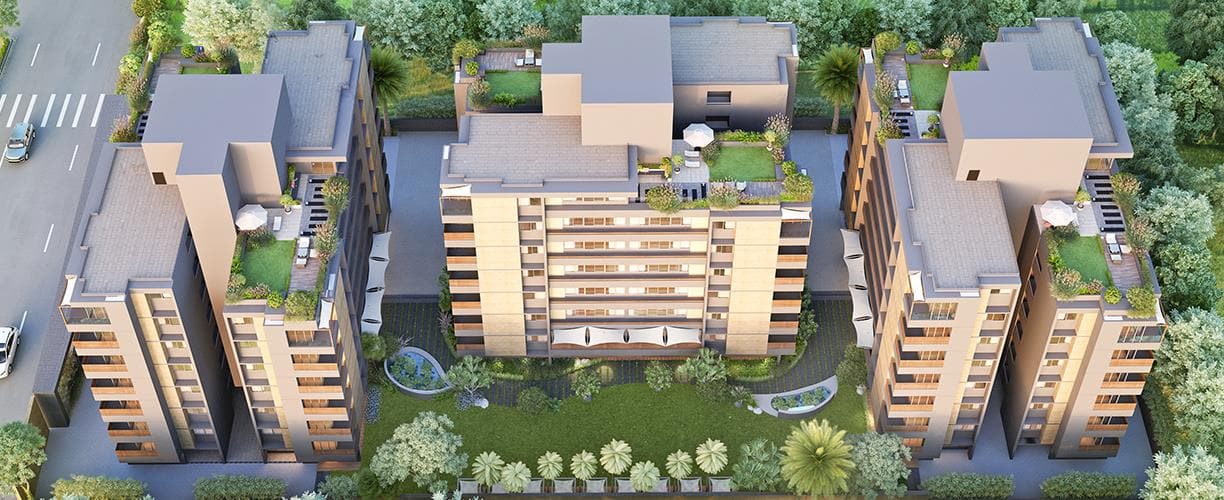 Aerial view of the Parmeshwar 6 blocks and their roof gardens