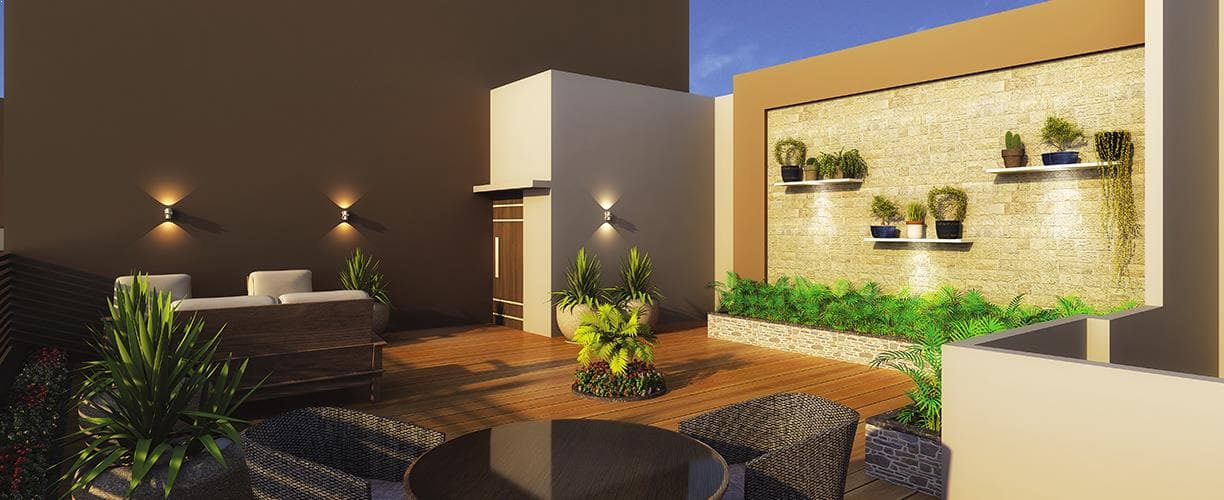 Lounge terrace with built-in seating and a planted feature wall
