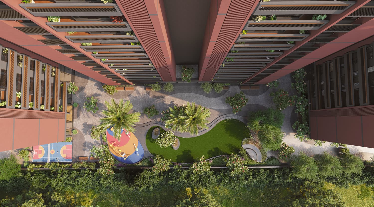 Aerial view of the landscaped podium showing the full amenity layout