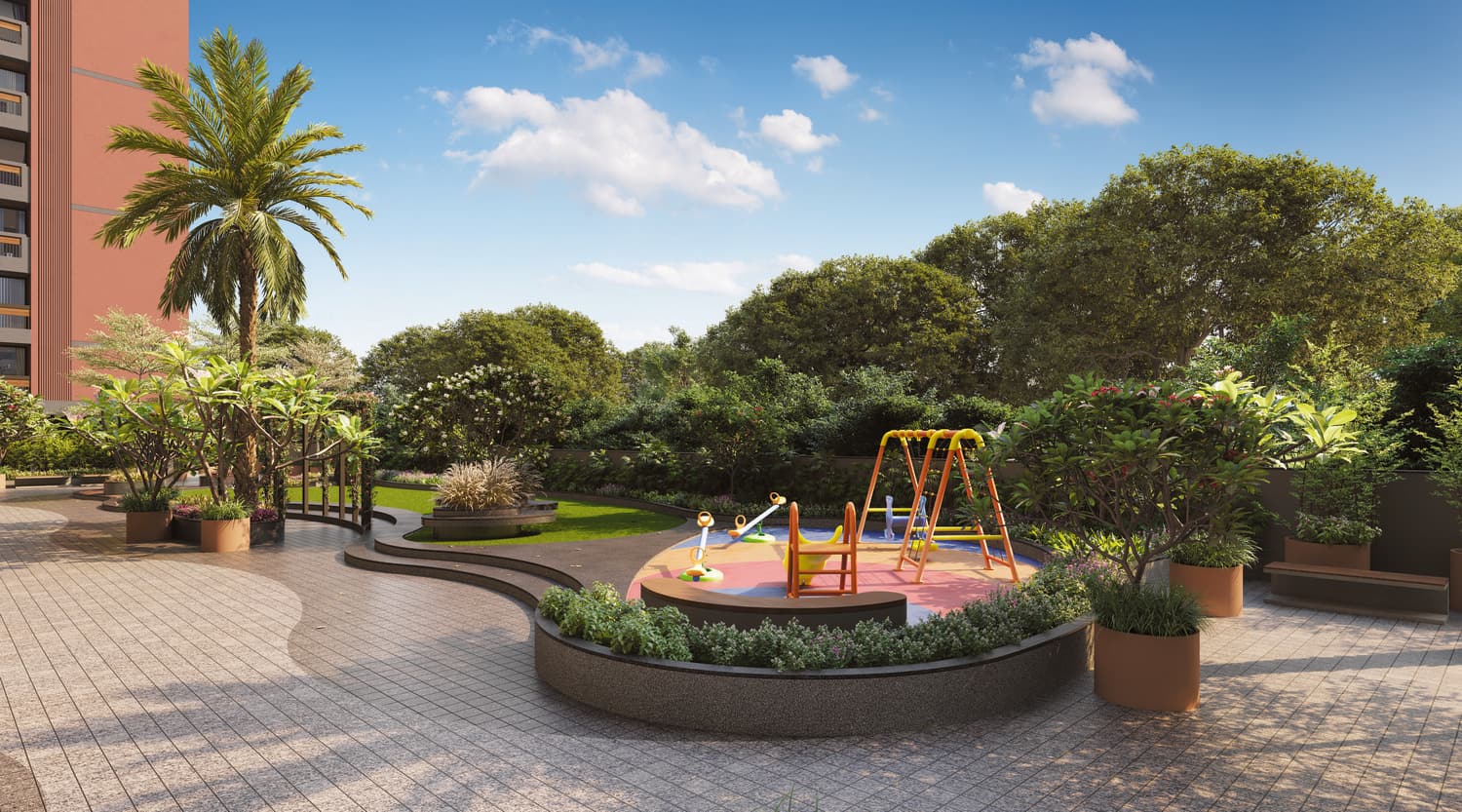 Landscaped garden with lawn and play equipment beyond