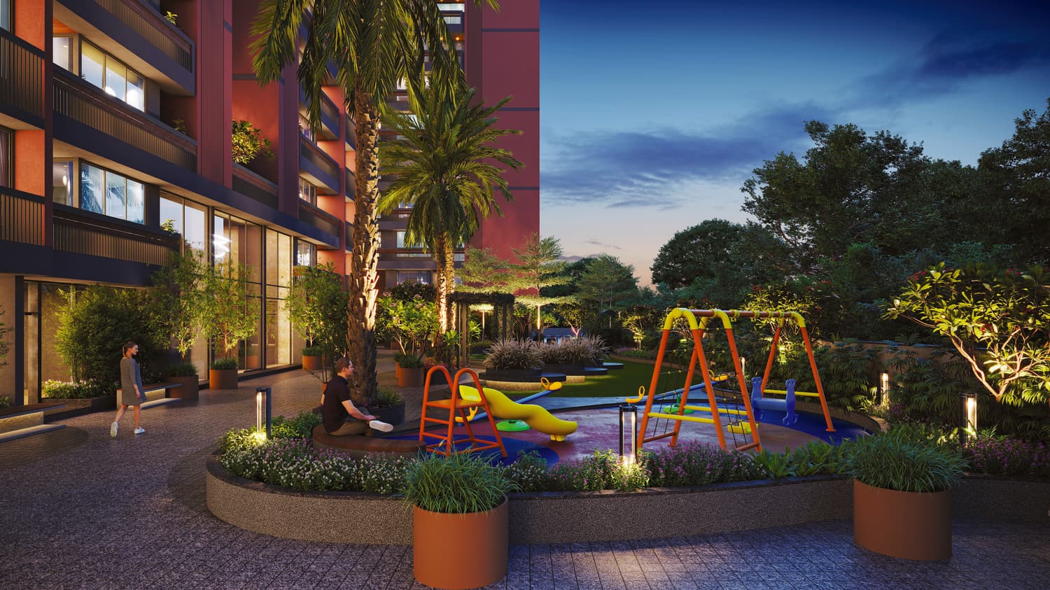 The podium gardens lit for evening use