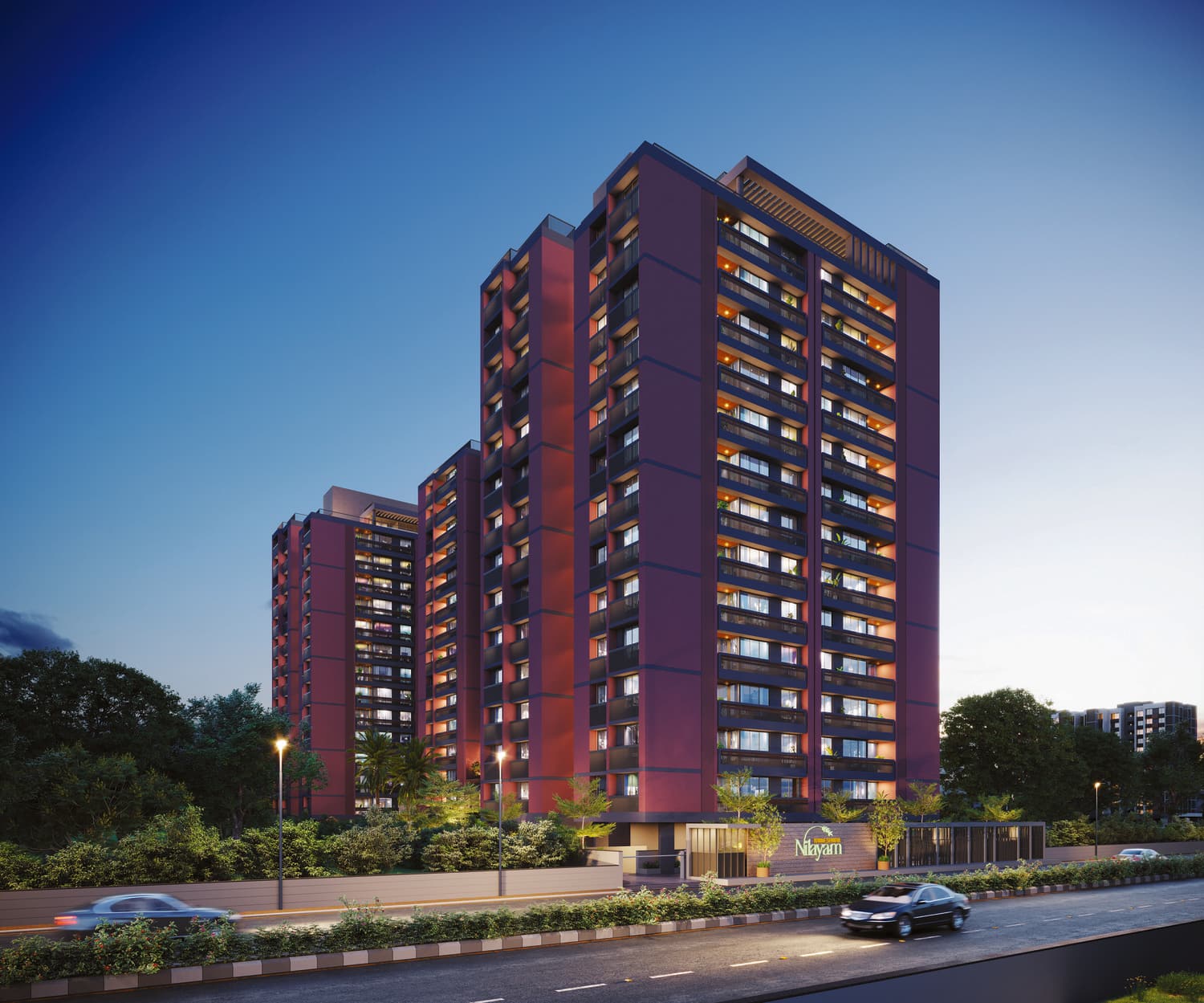 The tower at dusk with the apartments lit from within