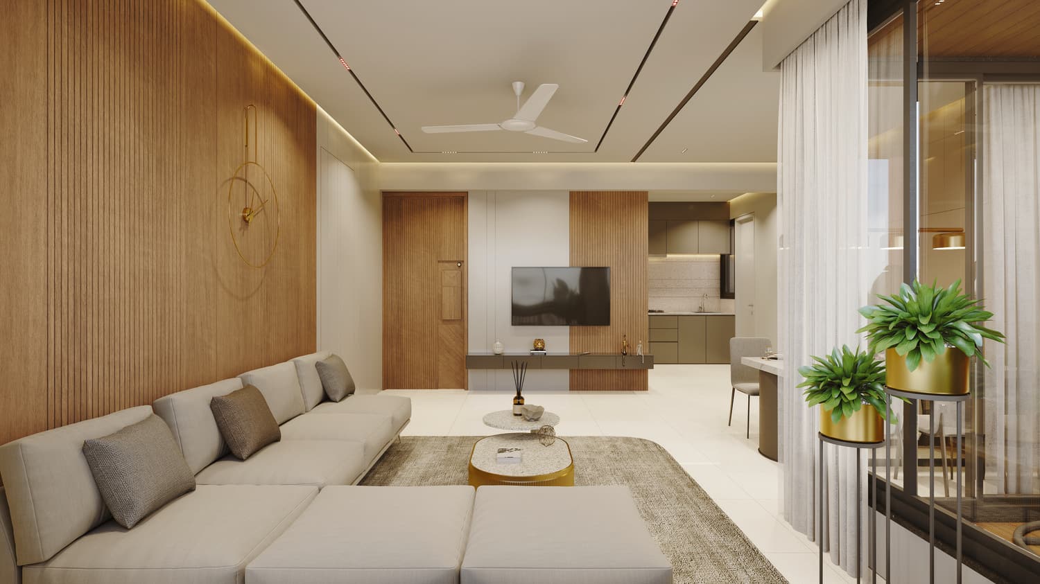Living room of a show residence, opening through to the kitchen