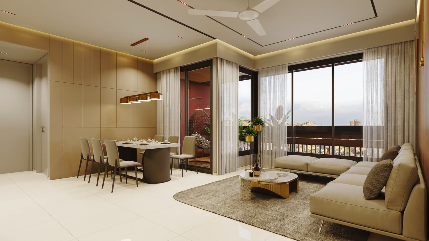 Living and dining space with full-height glazing to the balcony