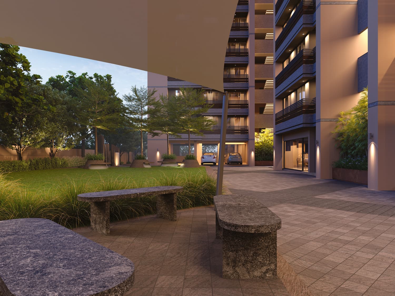 Garden seating area lit at dusk