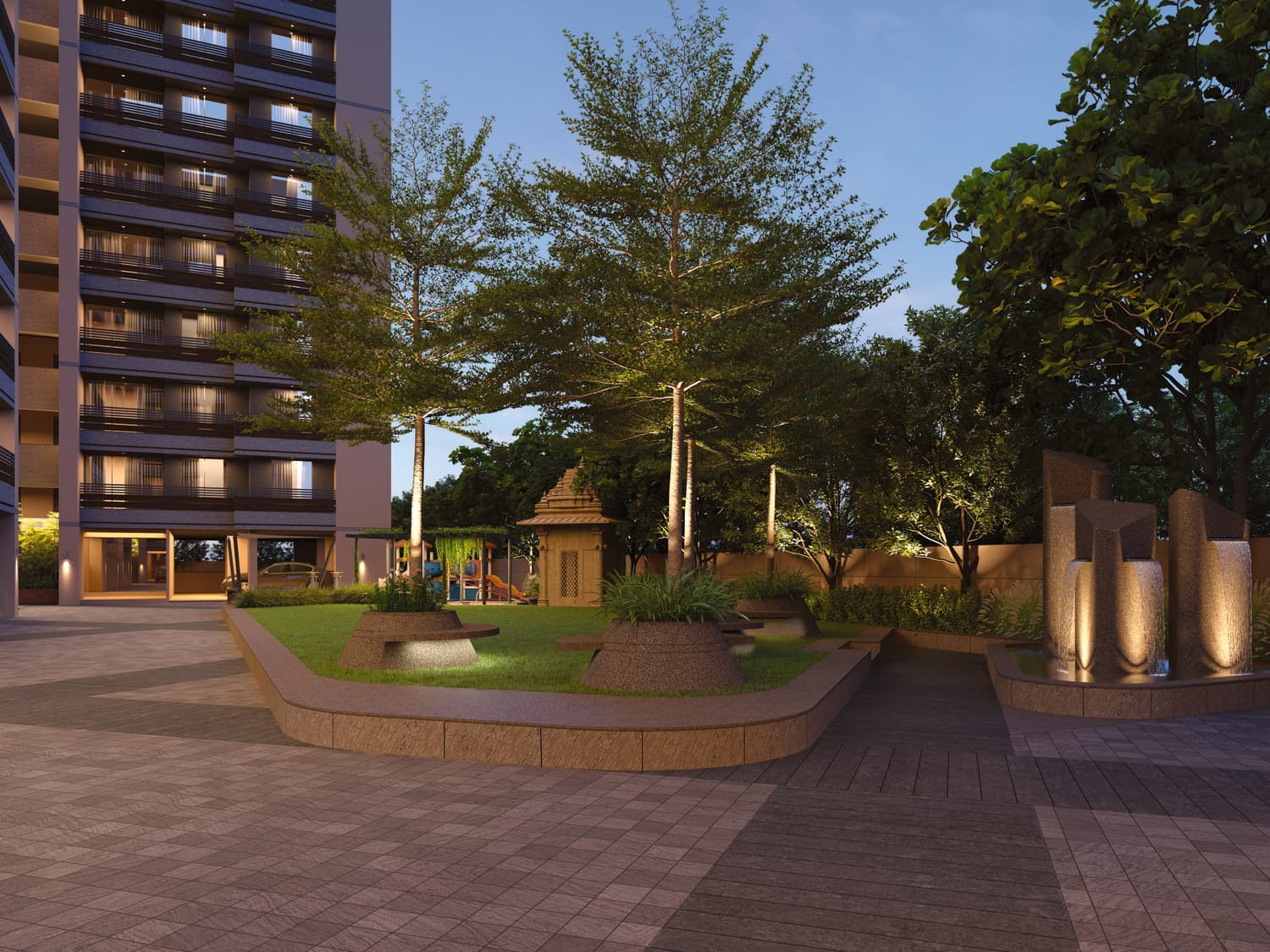 Landscaped court with pavilion, lit for evening use