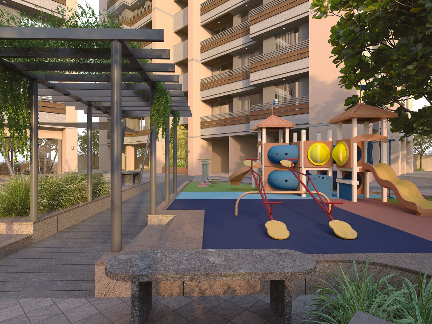 Children's play area beneath a timber pergola