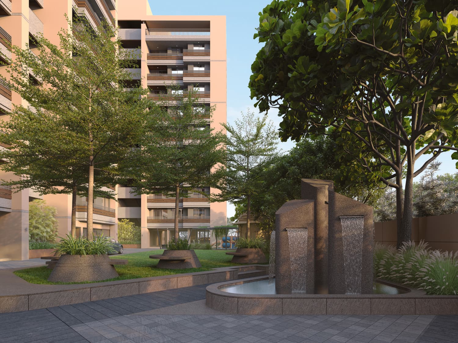 Water feature and planting in the central garden