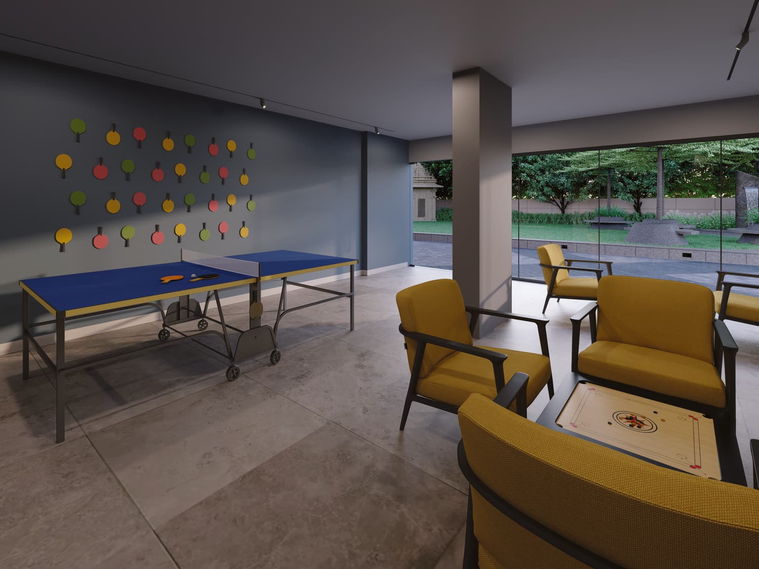 Indoor games room with table tennis and lounge seating