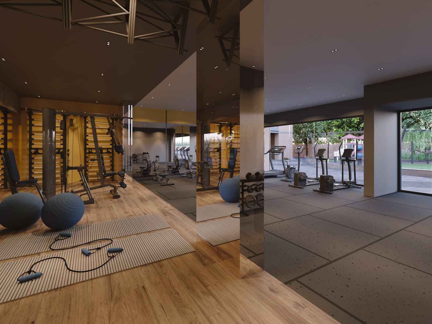 Fitness centre with cardio equipment and full-height glazing