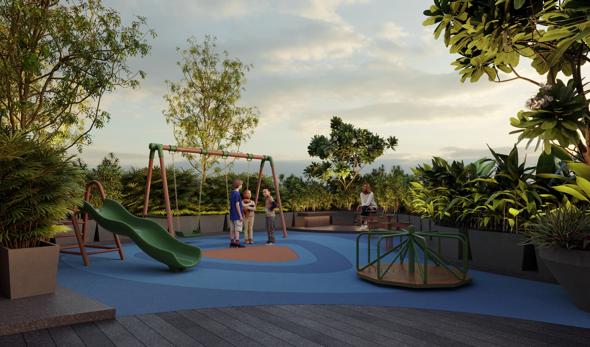 Children's play area with slide, swings and soft safety surfacing