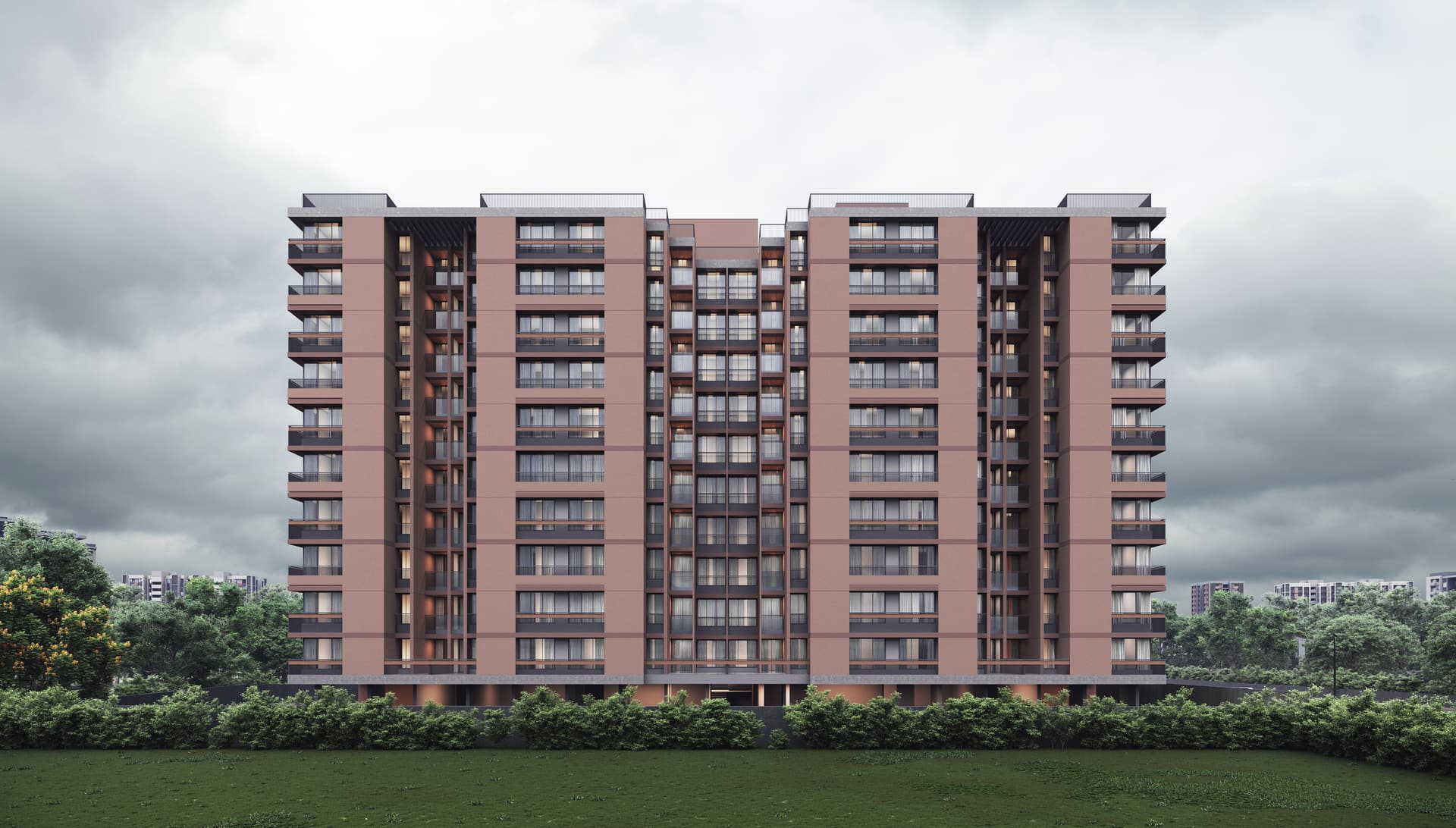 The full frontal elevation of Sky Park, balconies stepping across the facade