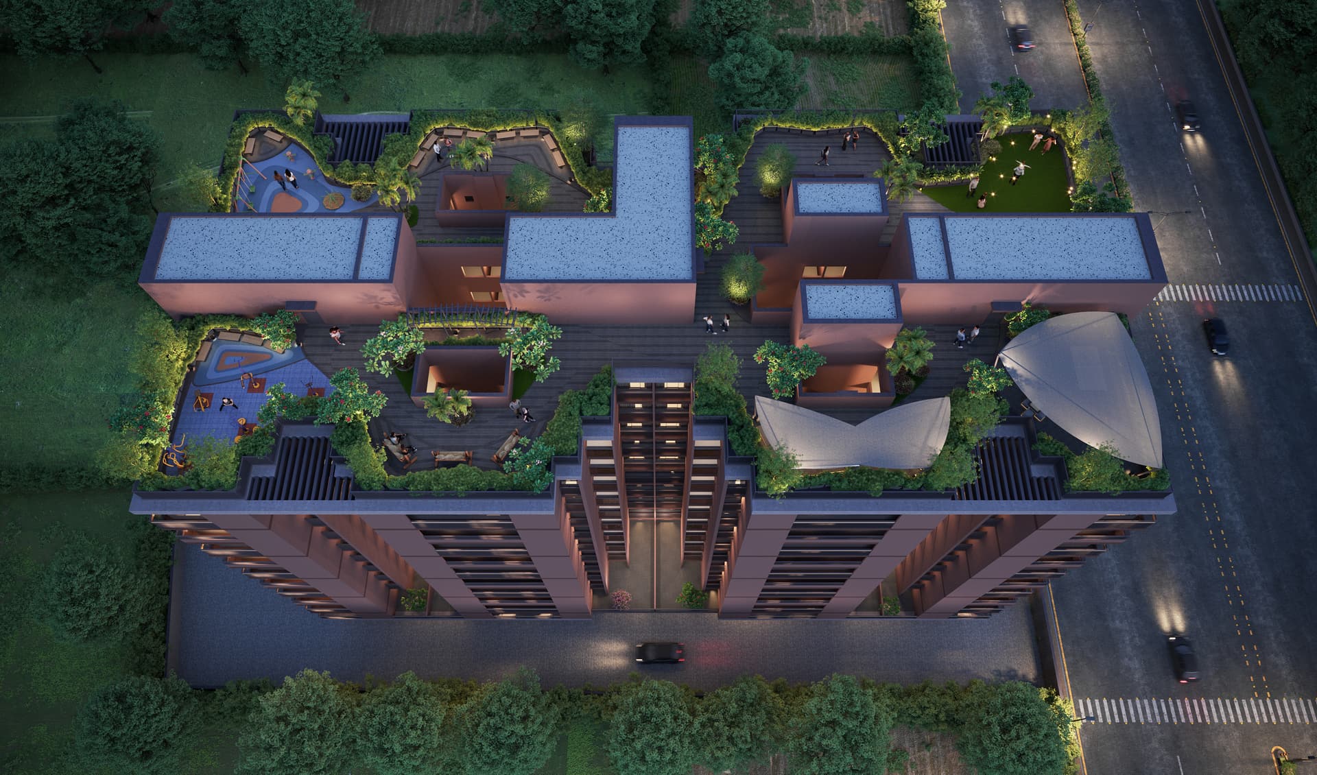 Aerial view of Sky Park showing the rooftop amenity decks and landscaped podium