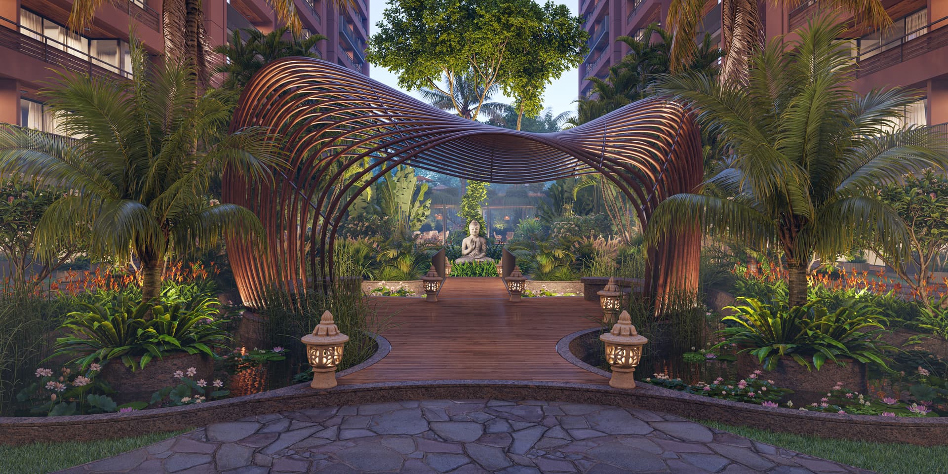 The sculpted timber entrance pergola framing the garden walk