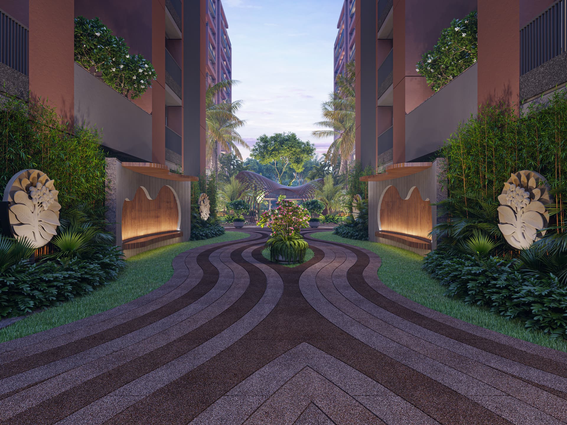 Landscaped walkway with carved stone reliefs set into the planting