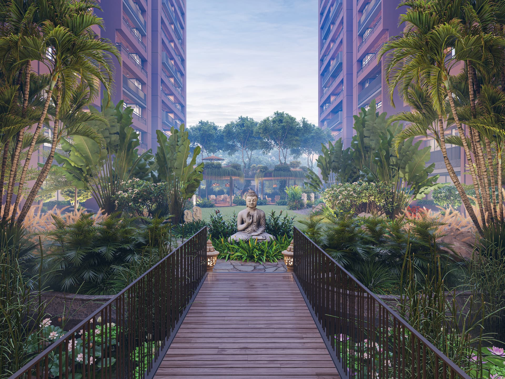 Timber deck and bridge crossing the water garden