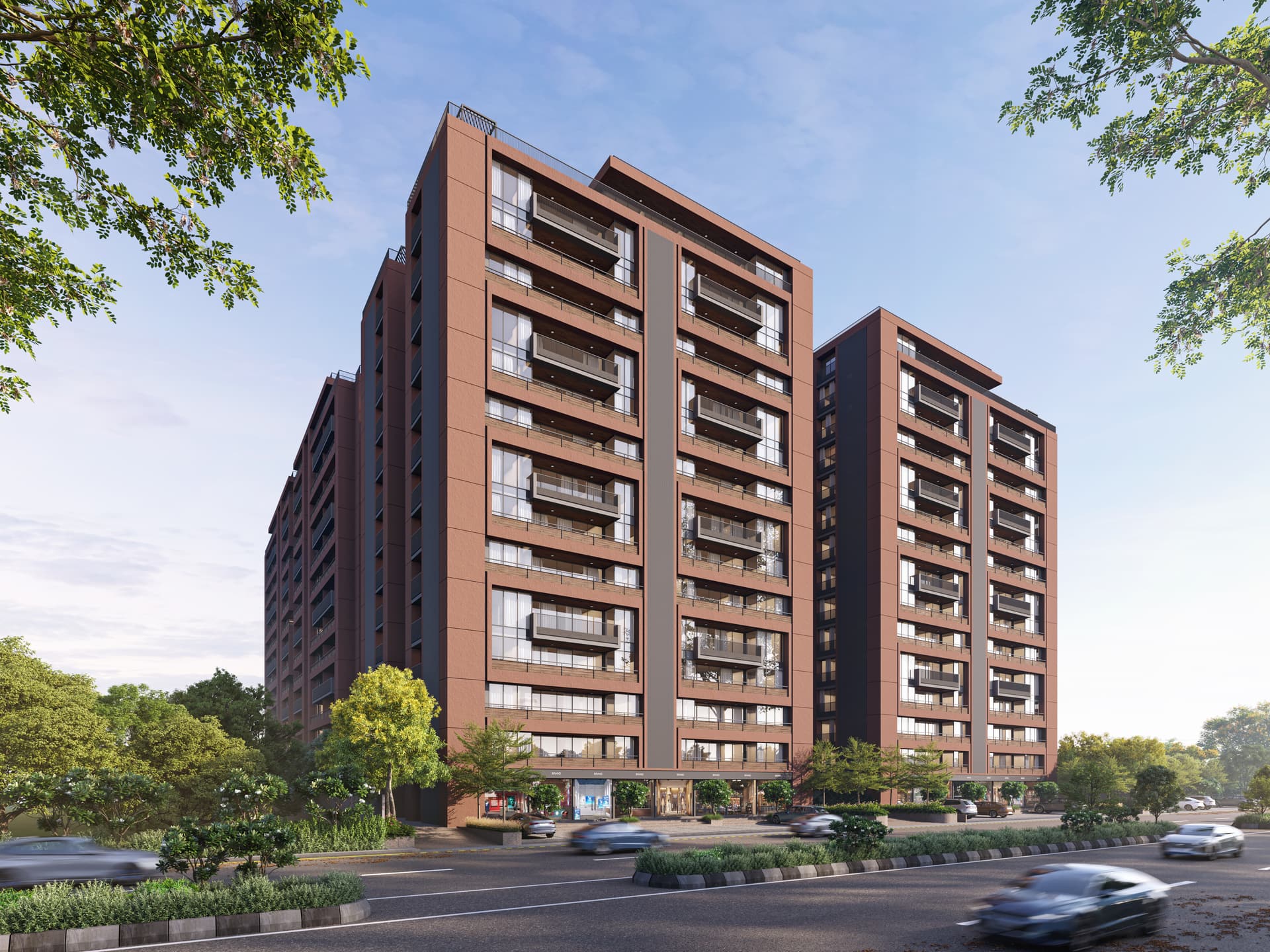 The Park towers rising above mature planting, seen from the street