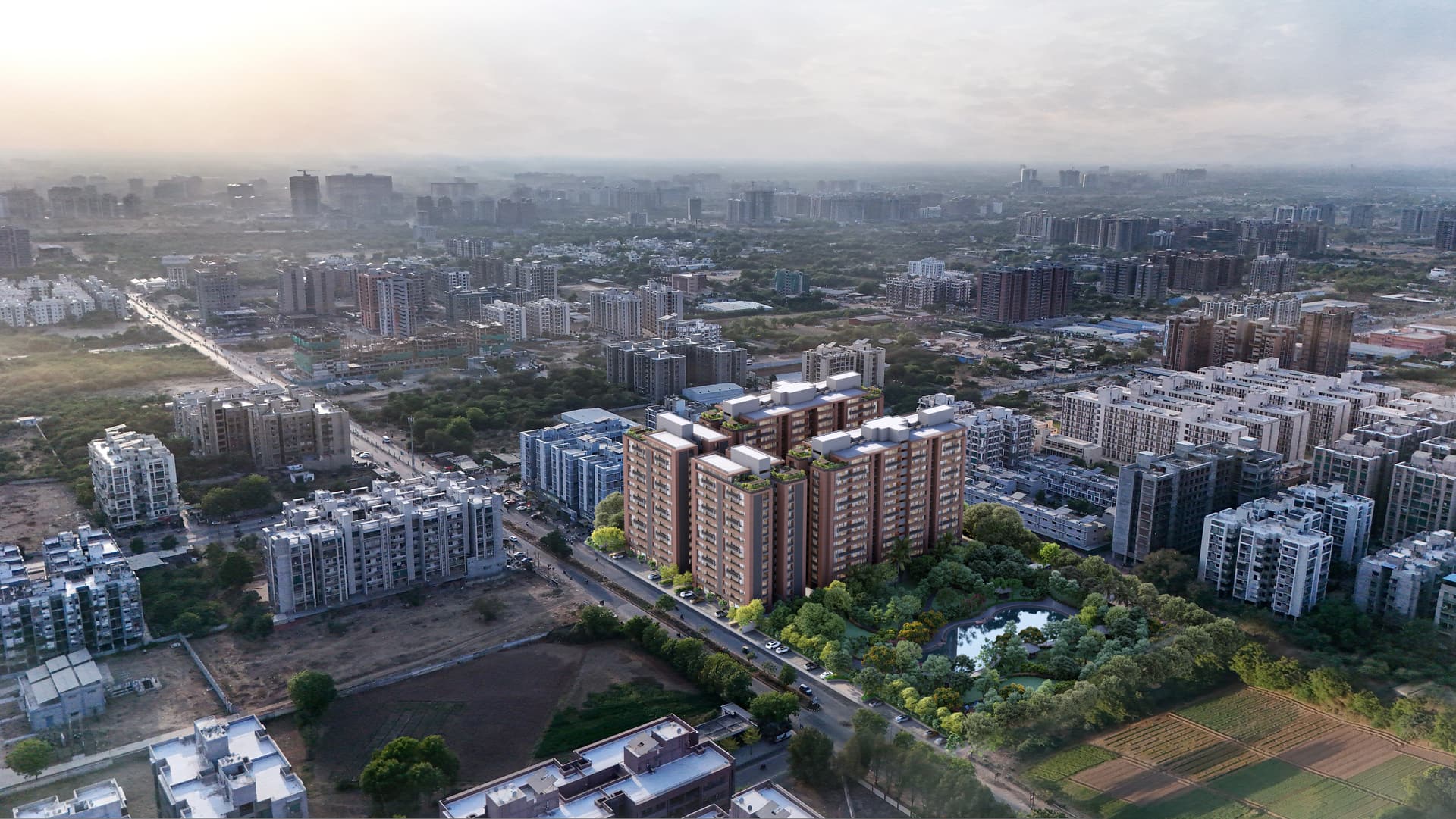 Aerial view placing The Park in its surrounding neighbourhood